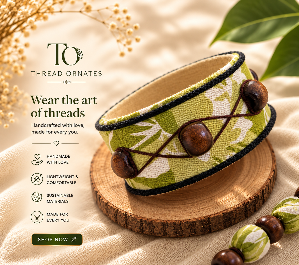 Green Wooden Beads Broad Fabric Bangle