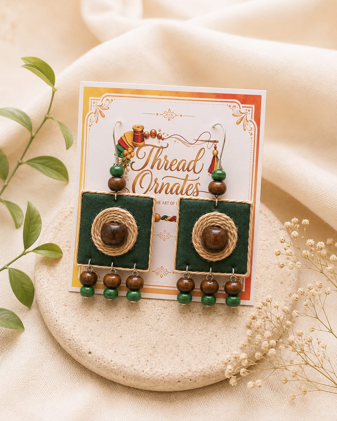 EMERALD GREEN JUTE SPIRAL EARRINGS