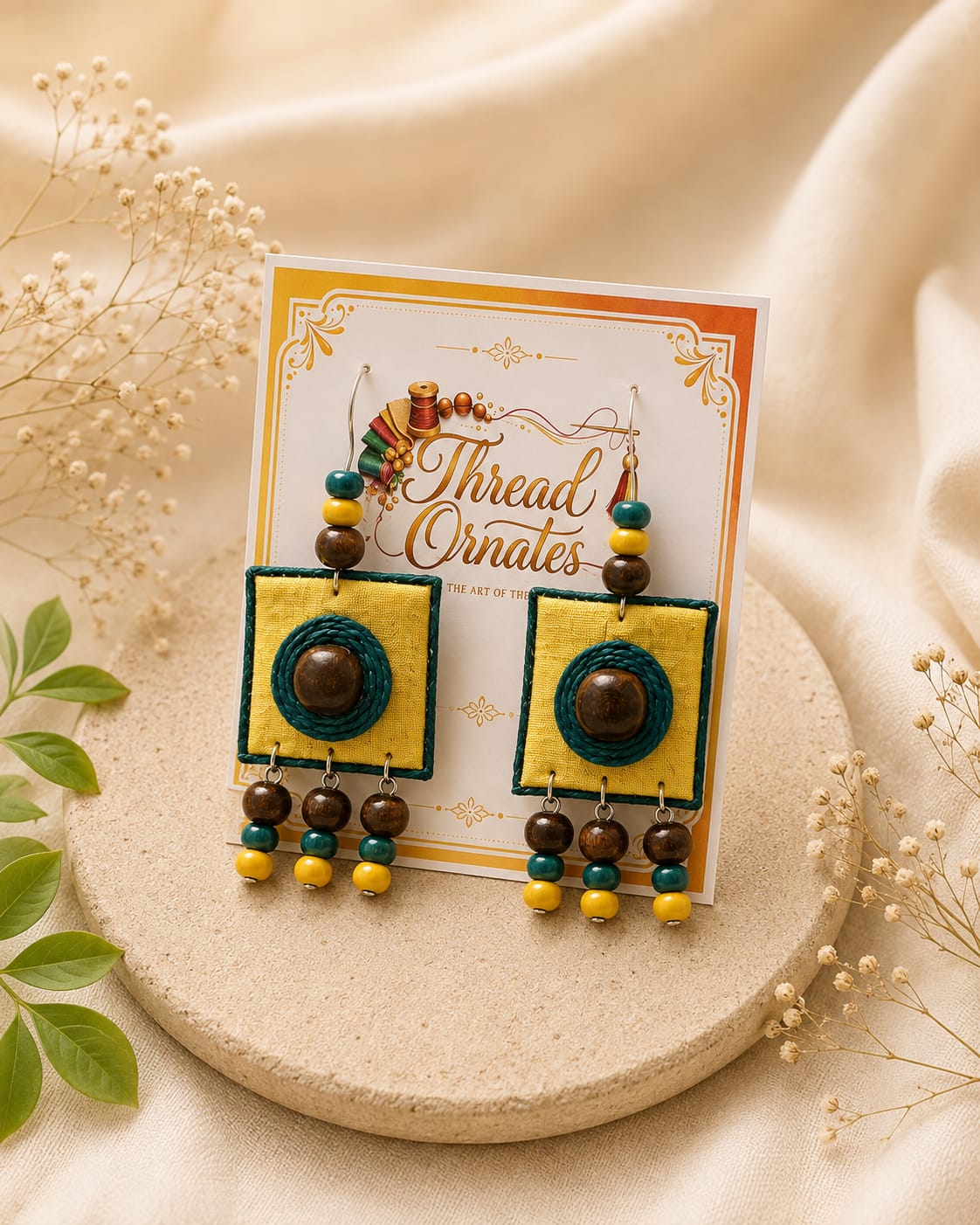 YELLOW JUTE SPIRAL EARRINGS