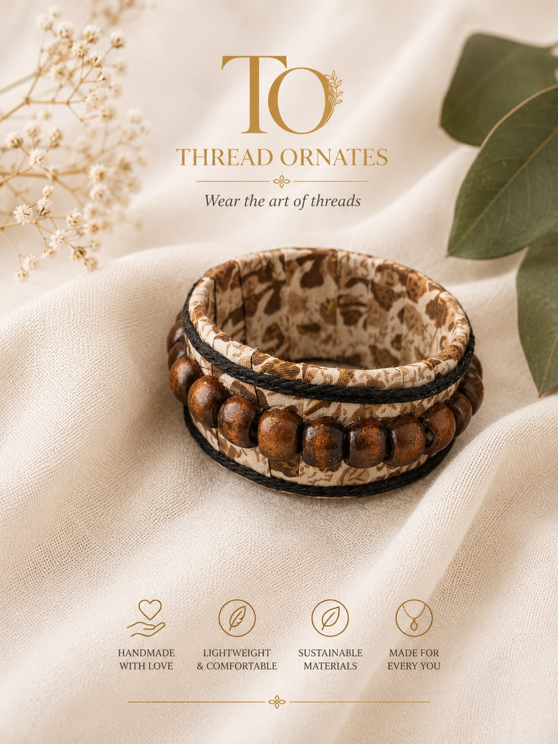 BEIGE WOODENBEADS BROAD BANGLE