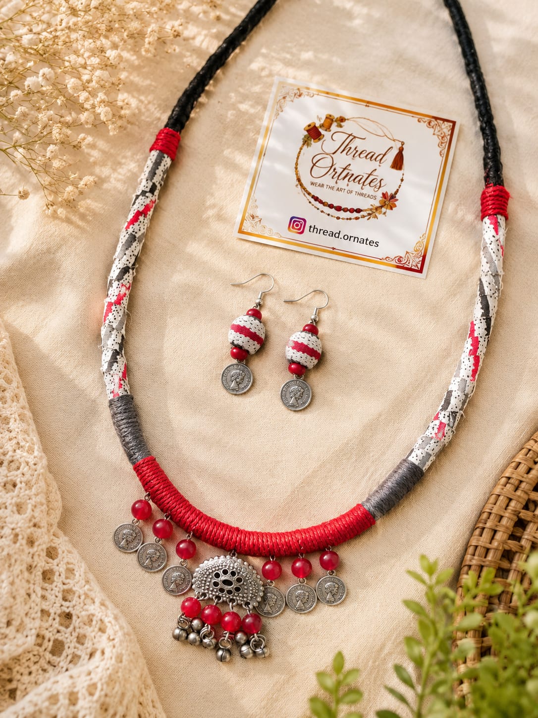 CRIMSON RED DRAPED CHARMS  NECKLACE