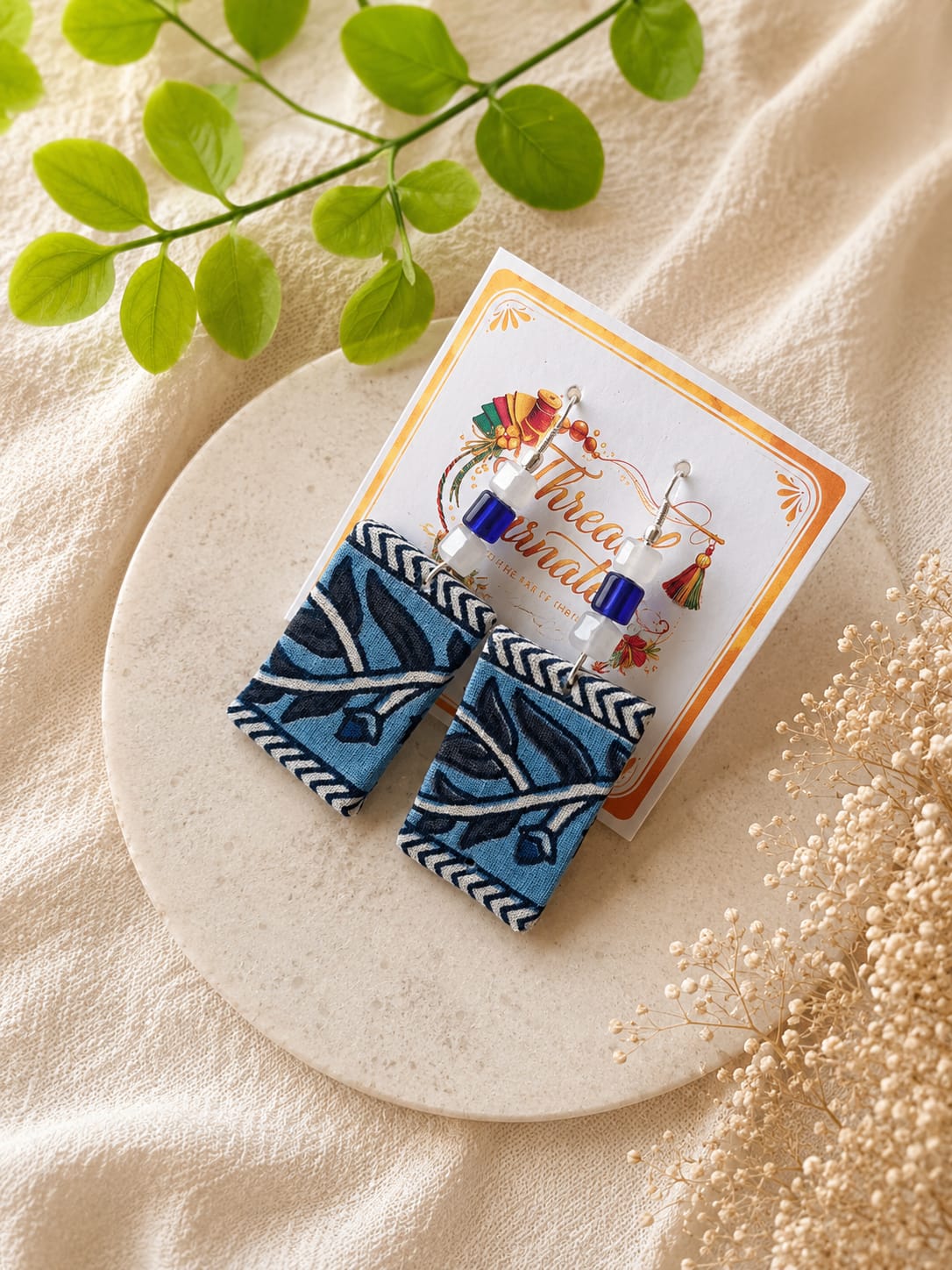 INDIGO LEAF FABRIC EARRINGS